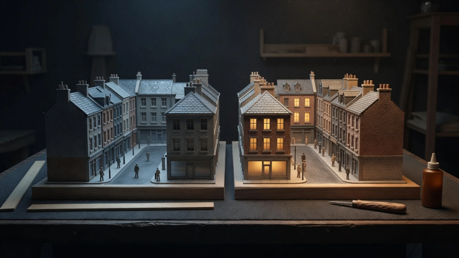 Two tabletop models of the same city block, one under cool overcast light and one with warm windows