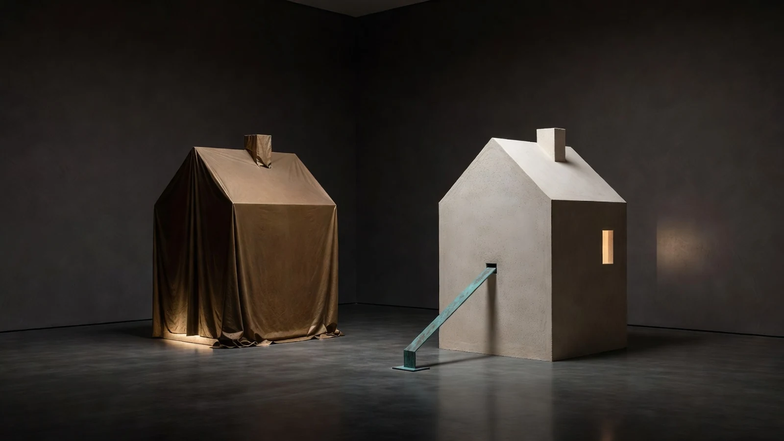 Two gallery house sculptures: one wrapped in bronze cloth, one ivory house with a teal chute