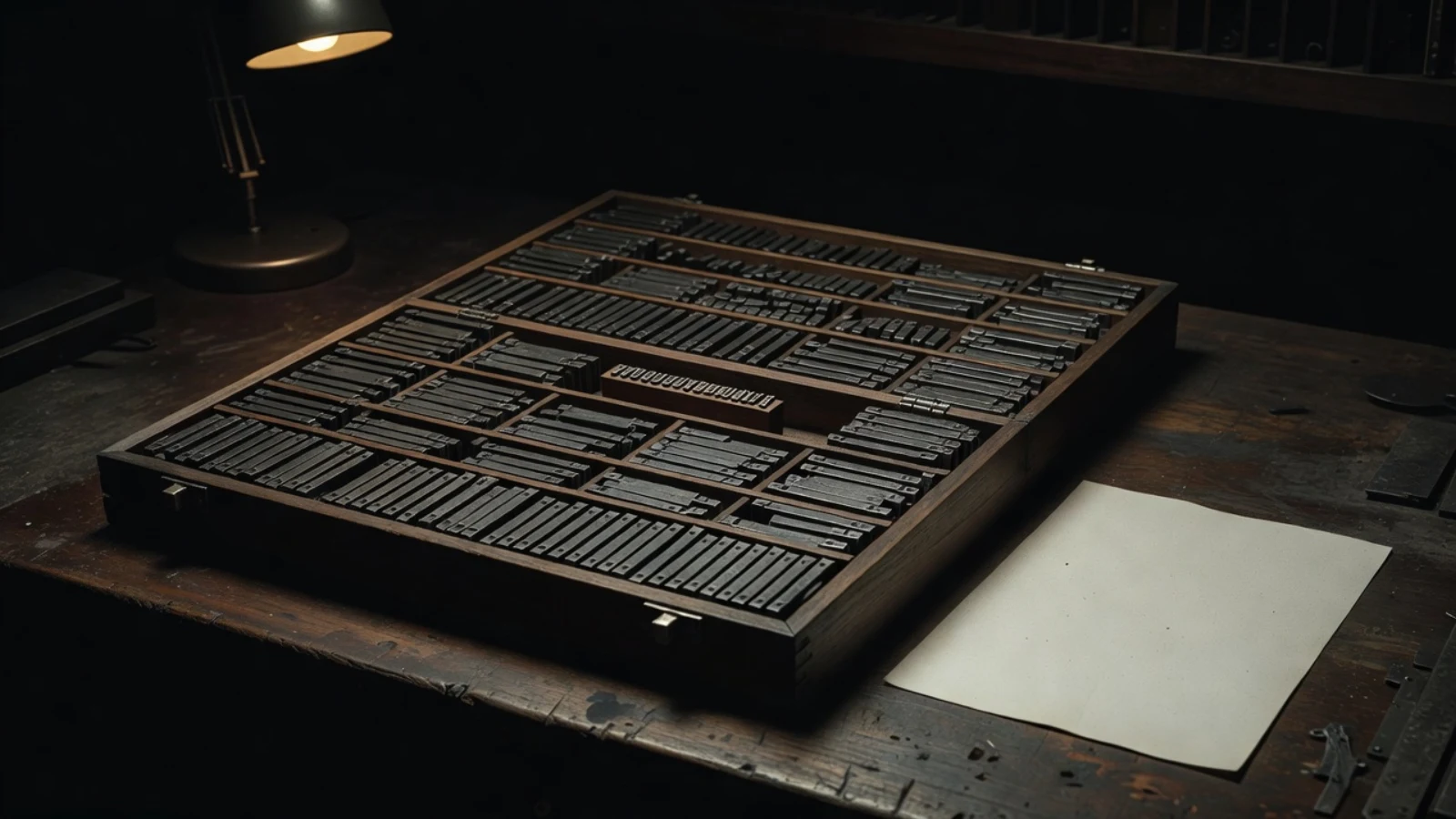 Letterpress sorting tray filled with metal type on a dark wooden workbench