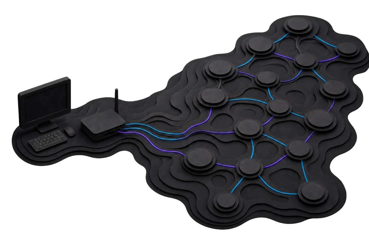 A layered black-paper home connection feeding a distributed residential network